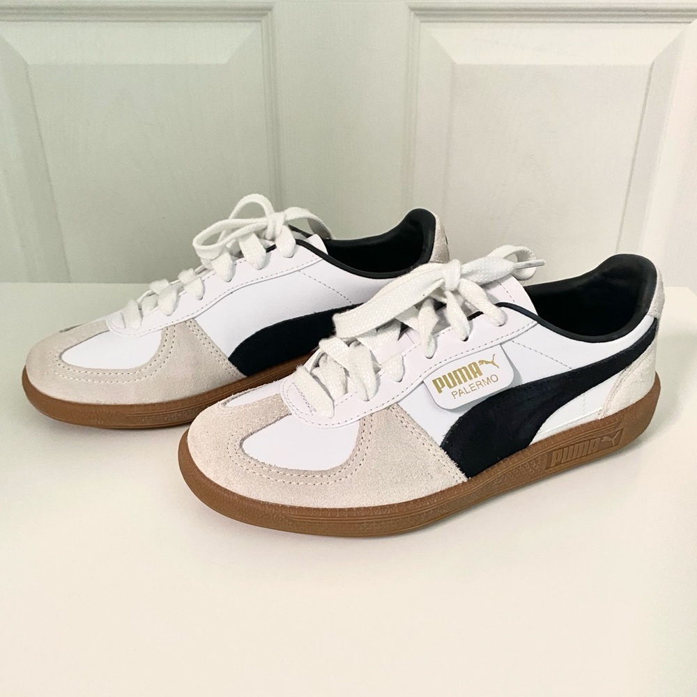Puma Palermo Retro Sneaker (Big Kids) White Black Lifestyle Shoes USED